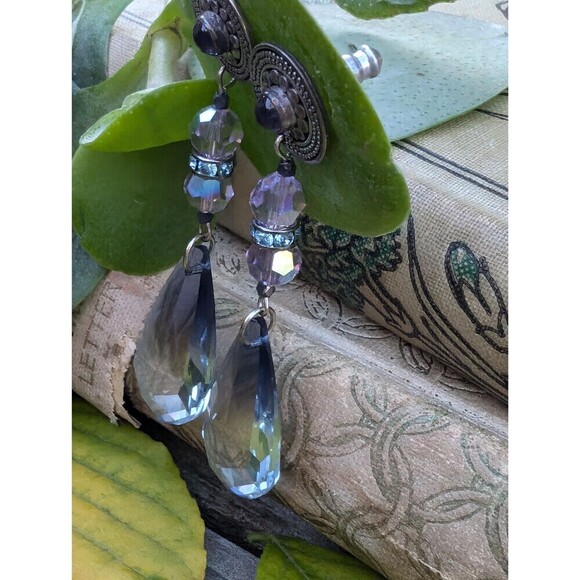 Vintage Sterling Amethyst Purple Swarovski Crystal Earrings, Purple Earrings - Picture 4 of 10